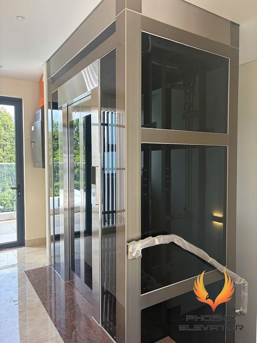 Thang máy khung nhôm ốp kính lọt lòng đặt cạnh cửa trong nhà phố