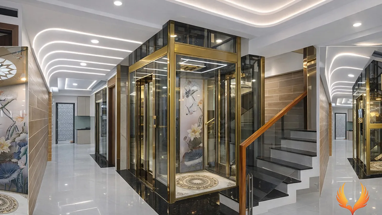 Thang máy gia đình khung kính lắp cạnh cầu thang bộ trong nhà phố cải tạo