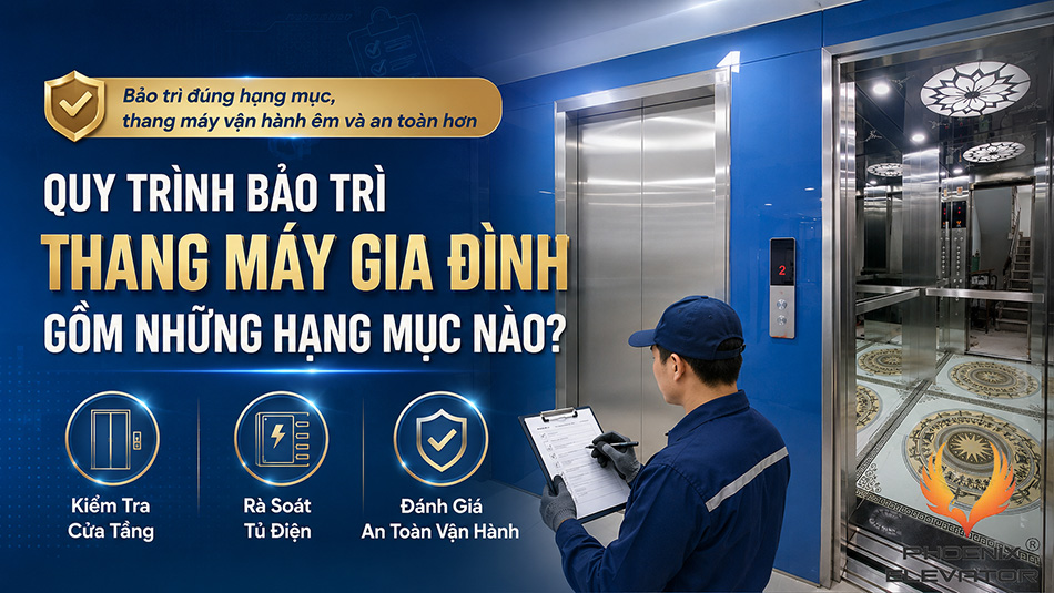 Kỹ thuật viên kiểm tra cửa tầng và tủ điện theo checklist trong một kỳ bảo trì thang máy gia đình