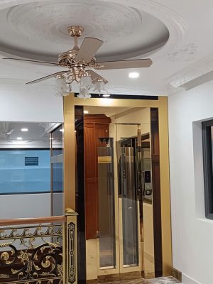 Thang máy gia đình Phụng Hoàng mẫu khung nhôm 03 với khung vàng champagne và kính tối màu