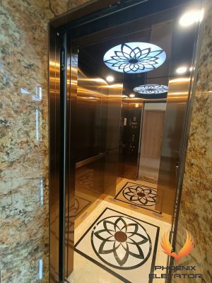 Thang máy tải khách TK06-2026 với cabin tông nâu đồng, trần hoa văn và sàn trang trí