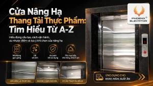 Cửa nâng hạ trượt dọc của thang tải thực phẩm với khoang cabin inox 304 dùng cho khay, mâm và suất ăn