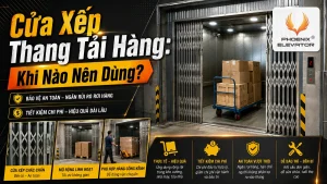 Cửa xếp dạng lưới kéo của thang máy tải hàng tại kho có xe đẩy chở thùng carton