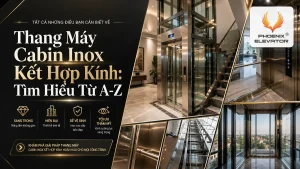 Thang máy cabin inox kết hợp kính cường lực đặt cạnh cầu thang bộ trong nhà phố