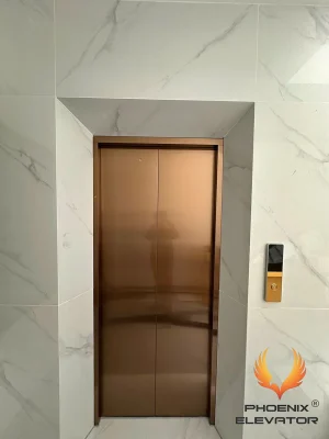 Cửa tầng thang máy gia đình GD07 hai cánh đóng mở trung tâm bằng inox sọc vàng hồng, khuôn bao cửa dùng inox cùng màu cánh cửa