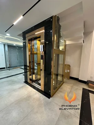 Thang máy quan sát Phụng Hoàng mẫu QS12-2026 khung nhôm vàng đồng, cửa cabin inox mạ vàng đang mở tại nhà phố